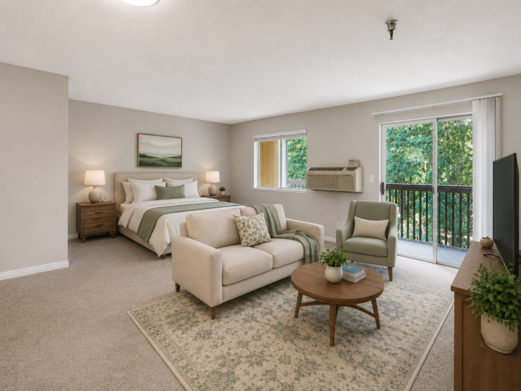 Bright and inviting studio with comfortable seating, natural light, and peaceful outdoor views.