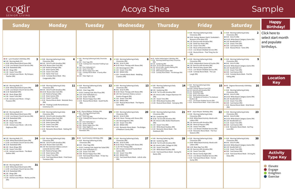 Monthly activity calendar for seniors showing diverse daily events fostering community and engagement.