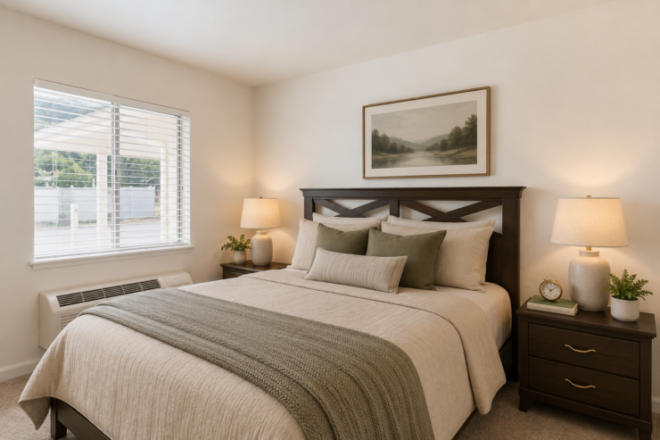Bright and inviting bedroom with warm lighting, elegant bedding, and peaceful decor.