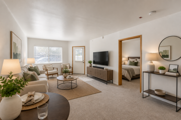 Sunlit living space with comfortable seating, warm decor, and inviting access to a bedroom.