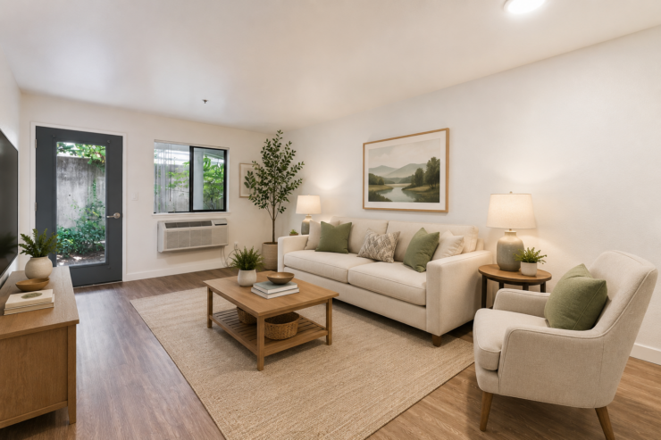 Inviting living area with soft lighting, comfortable seating, plants, and nature artwork.