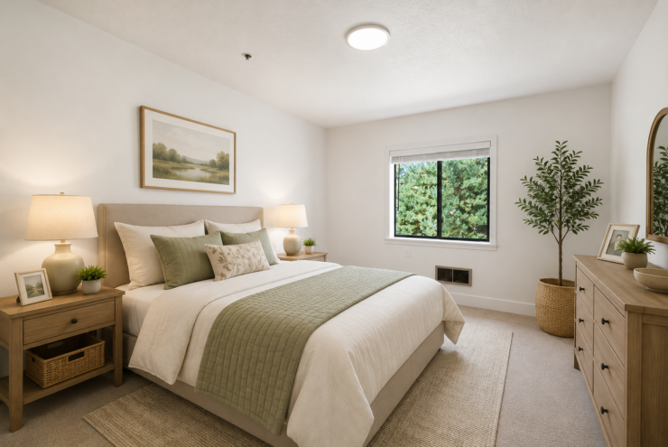 Bright, inviting bedroom with soft lighting, nature-inspired decor, and a peaceful window view.