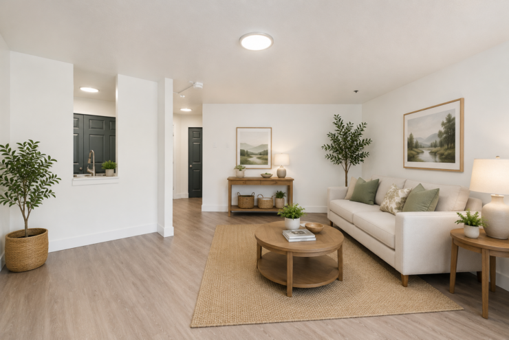 Bright and inviting living area with comfortable seating, natural décor, and warm lighting.