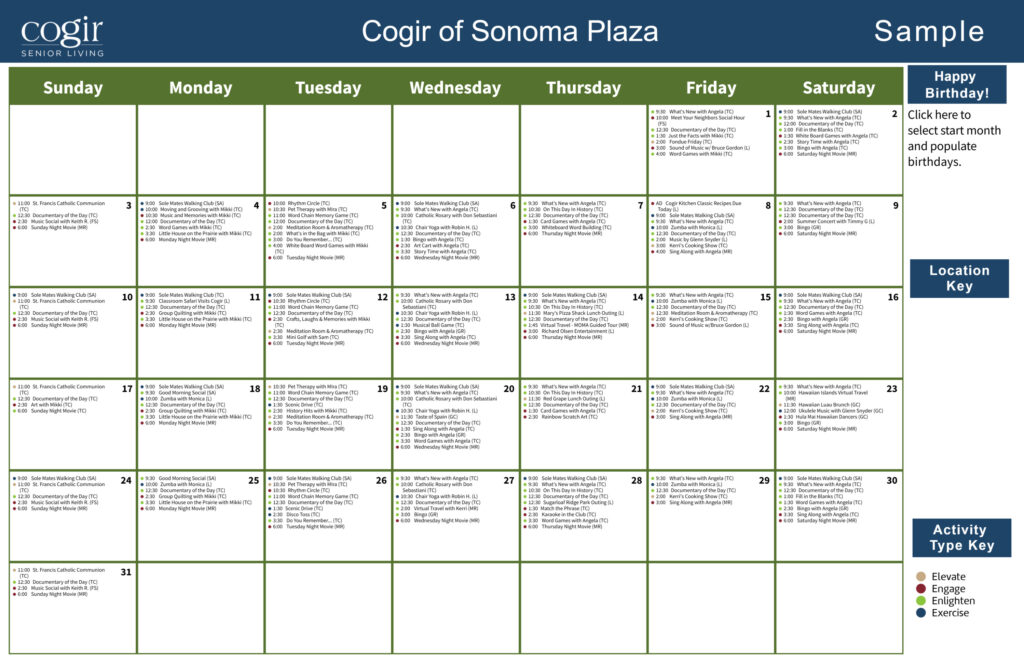 Weekly activity calendar for seniors at Sonoma Plaza highlighting social, wellness, and entertainment events.