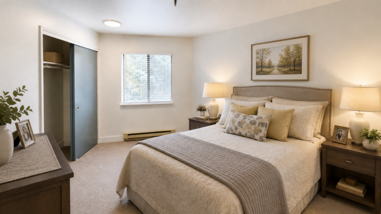 Bright and inviting bedroom with warm lighting, tasteful decor, and a restful atmosphere.