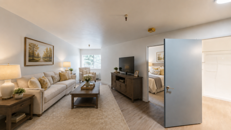 Bright, inviting living area with comfortable seating, warm lighting, and a peaceful bedroom nearby.