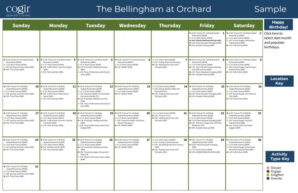 Bright and inviting senior living calendar highlighting engaging daily activities for residents at The Bellingham.