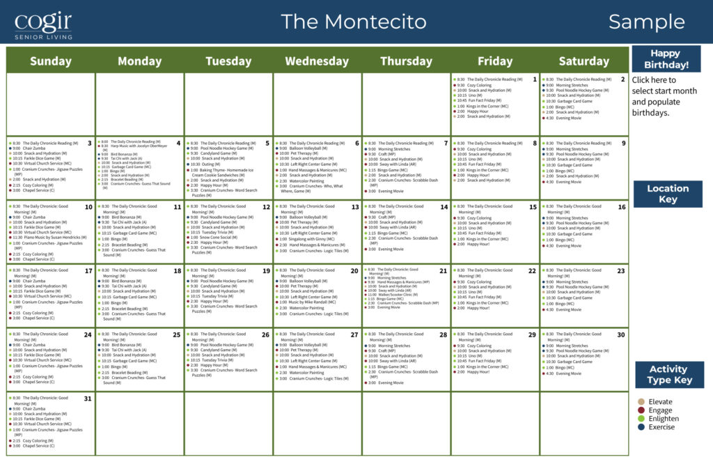 Weekly activity calendar featuring diverse events for engagement, exercise, and social connection in senior living.