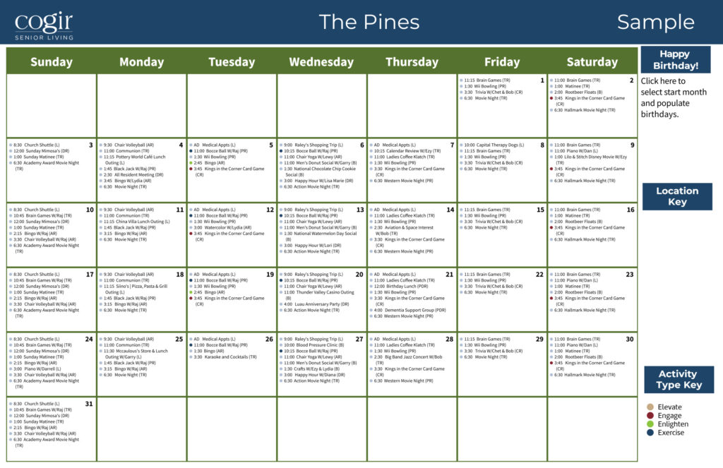 Weekly activity calendar highlighting engaging social, recreational, and wellness events for residents.