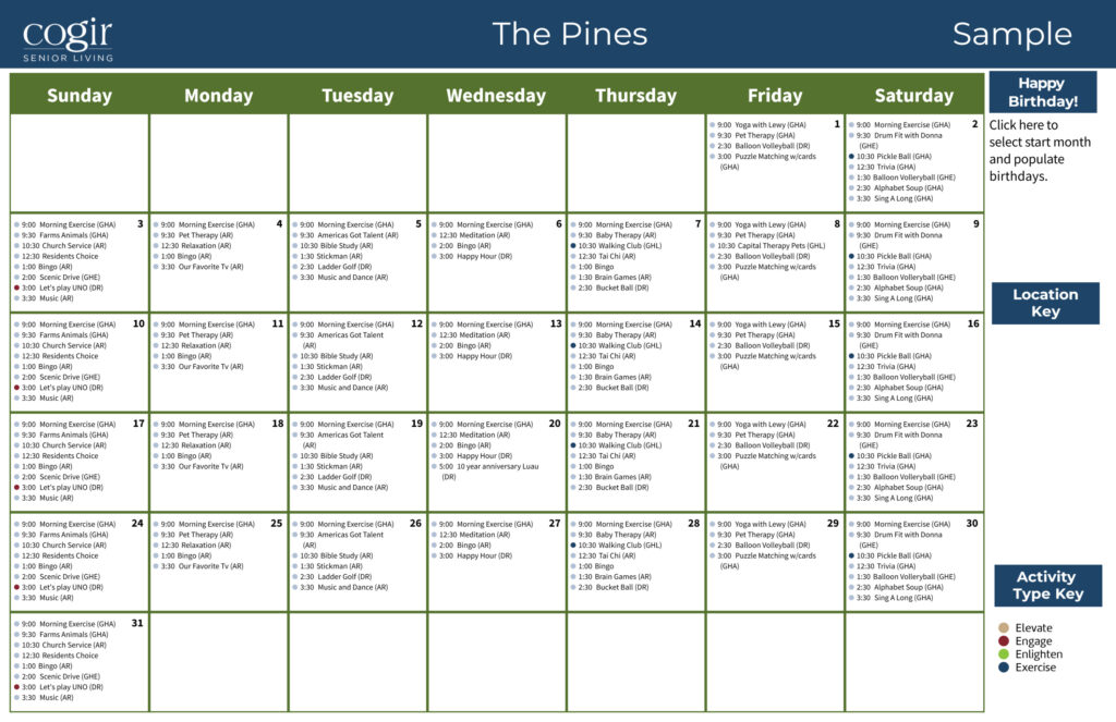 Weekly activity calendar with various social, exercise, and wellness programs for senior residents.