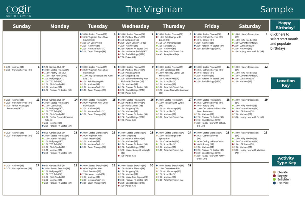 Weekly activity calendar showcasing diverse, engaging events for an active senior community.