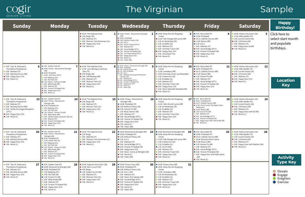 Activity calendar filled with diverse social, fitness, and educational events for seniors at The Virginian