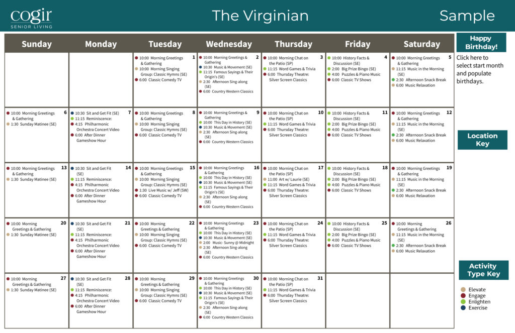 Monthly activity calendar offering diverse social, fitness, and entertainment events for residents.
