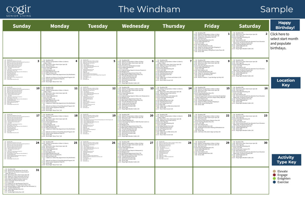 Weekly activity calendar highlighting meal times, social events, and wellness programs for residents