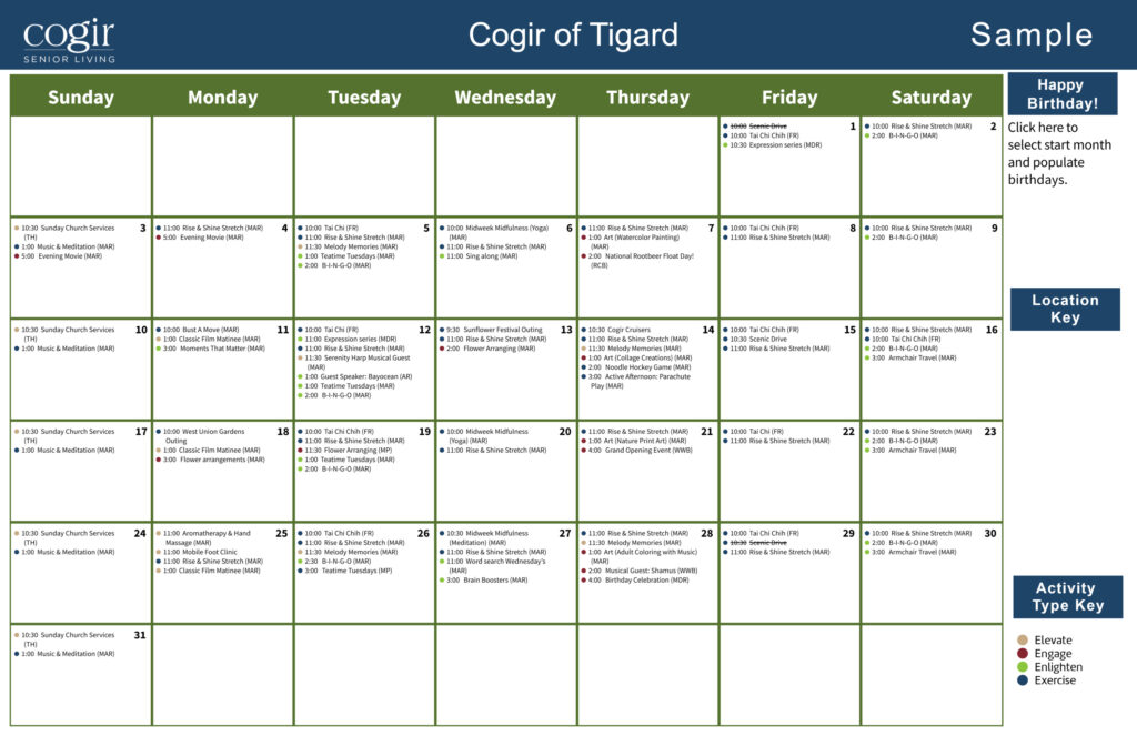 Monthly activity calendar highlighting diverse wellness and social events at Cogir of Tigard.