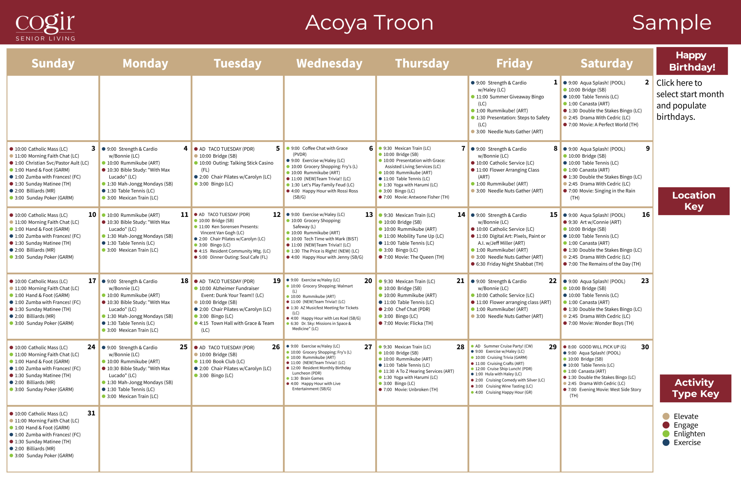 Weekly calendar showing a variety of social, fitness, and wellness activities for vibrant senior community living.