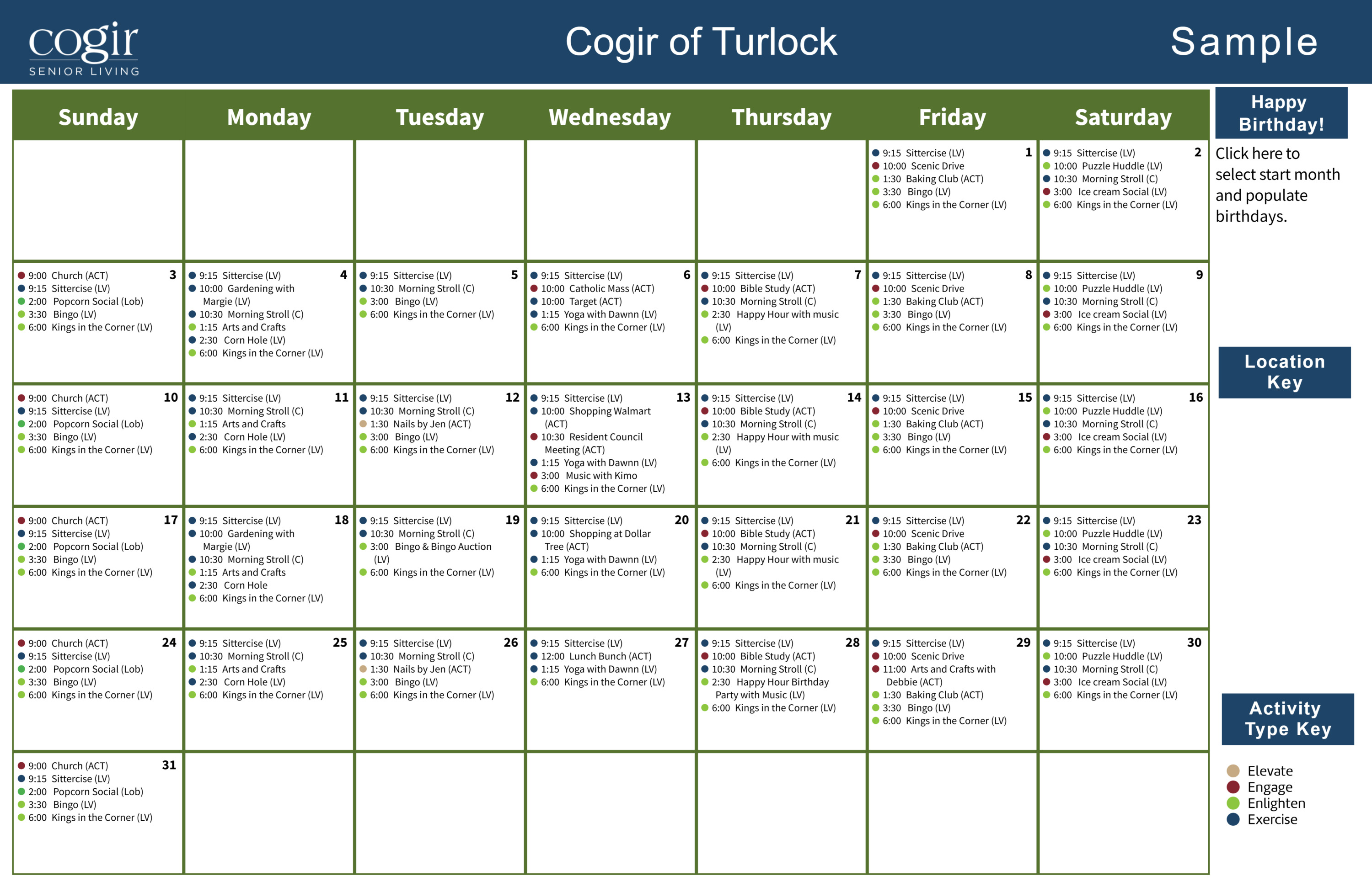 Weekly activity calendar for a vibrant senior community offering diverse social, exercise, and leisure events.