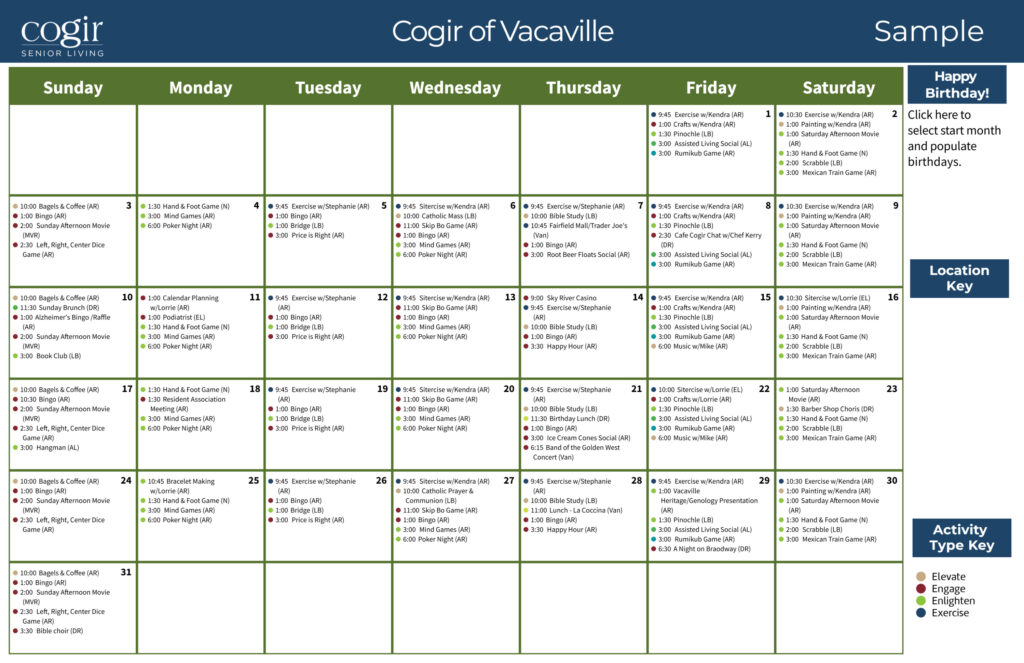 Weekly activity calendar highlighting diverse social, fitness, and recreational events for residents.