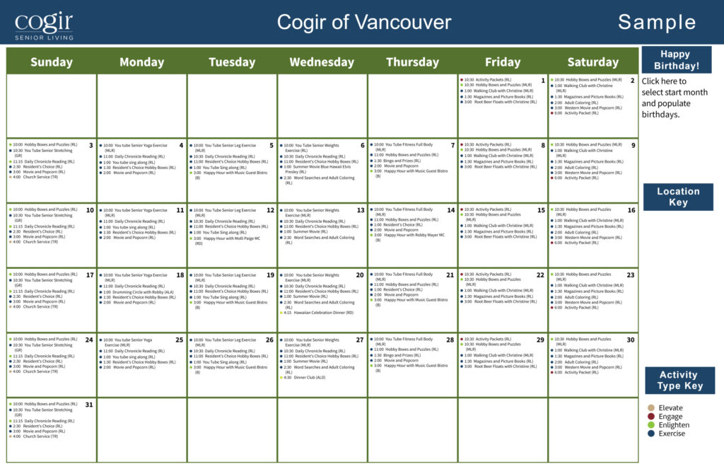 Senior living activity calendar showing diverse daily programs fostering engagement and wellness.
