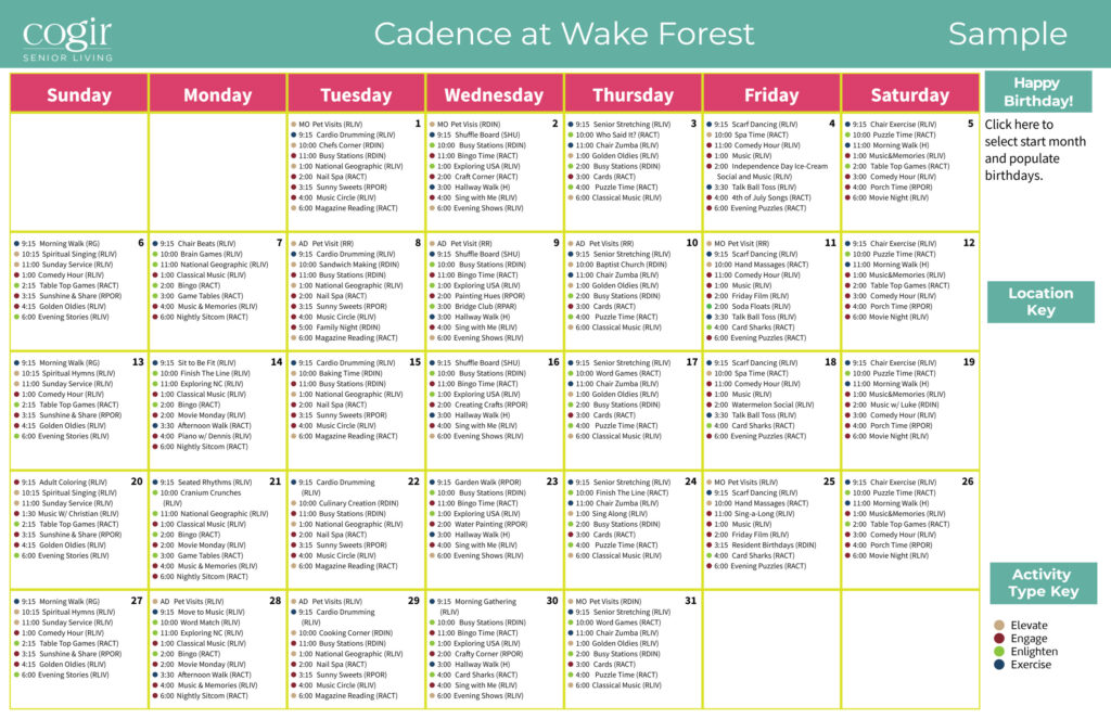 Monthly activity calendar showing diverse daily events promoting engagement and wellness in senior community
