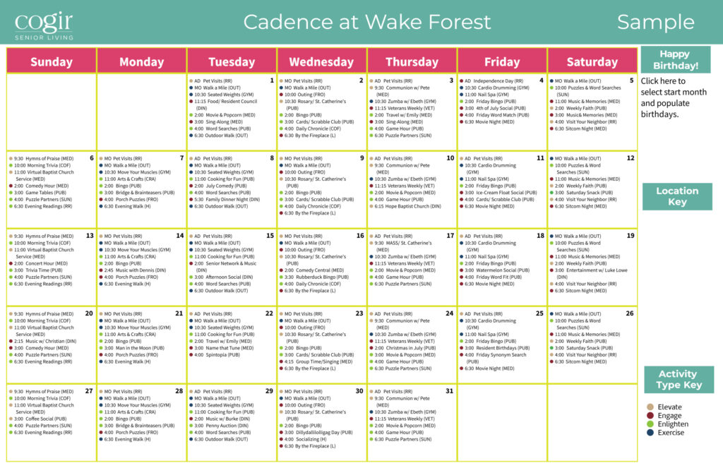 Monthly activity calendar showcasing diverse events promoting engagement and wellness for residents.