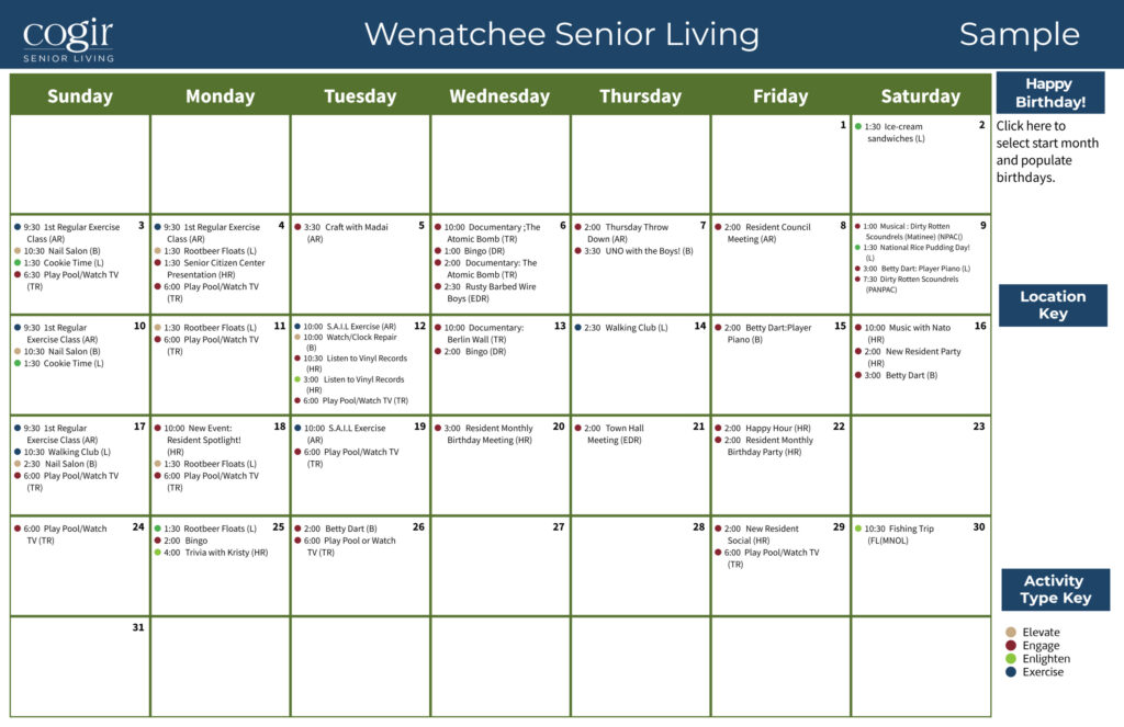 Monthly activity calendar showing diverse social and wellness events for senior community engagement.