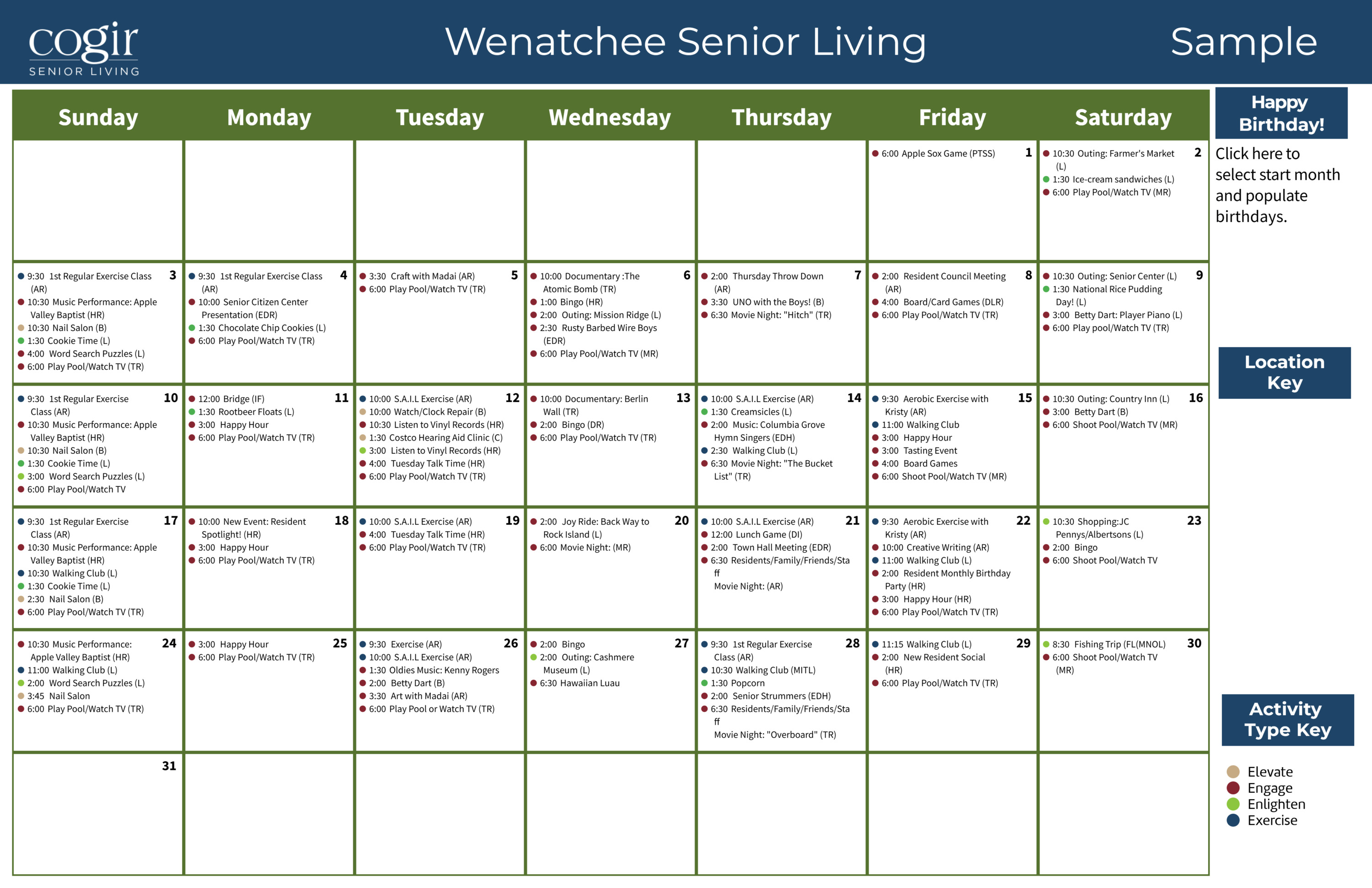 Monthly activity calendar showing diverse events fostering connection and engagement at Wenatchee Senior Living.