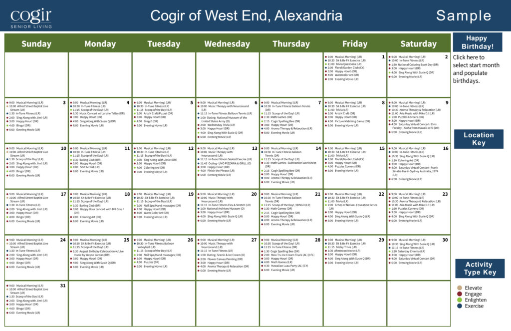 Monthly activity calendar highlighting diverse social, fitness, and creative programs for active seniors.