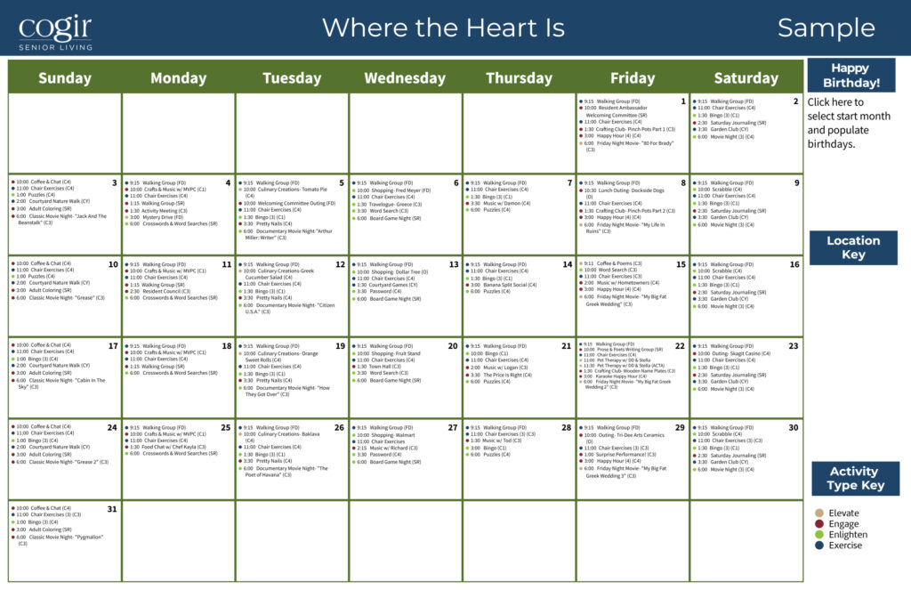 Senior living activity calendar showcasing varied social, recreational, and wellness events.