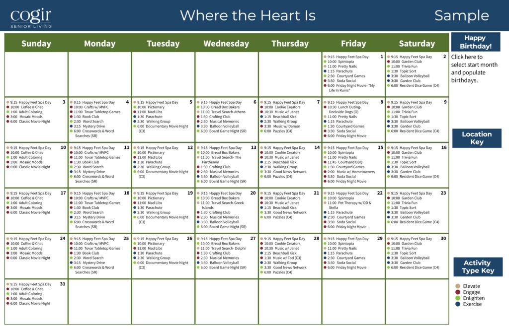Monthly activity calendar showcasing diverse, engaging events designed for senior residents' enjoyment and connection.