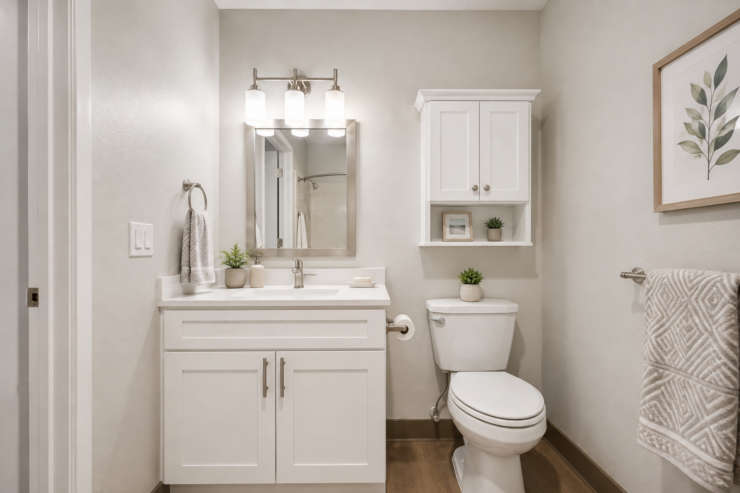 Bright, clean bathroom with modern fixtures and warm, inviting decor for comfortable living.