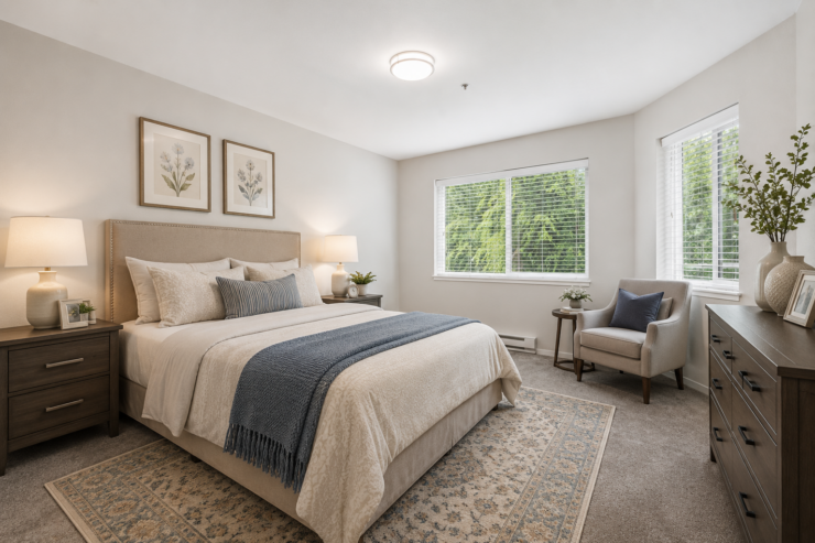 Bright, inviting bedroom with comfortable seating, soft lighting, and serene garden views.