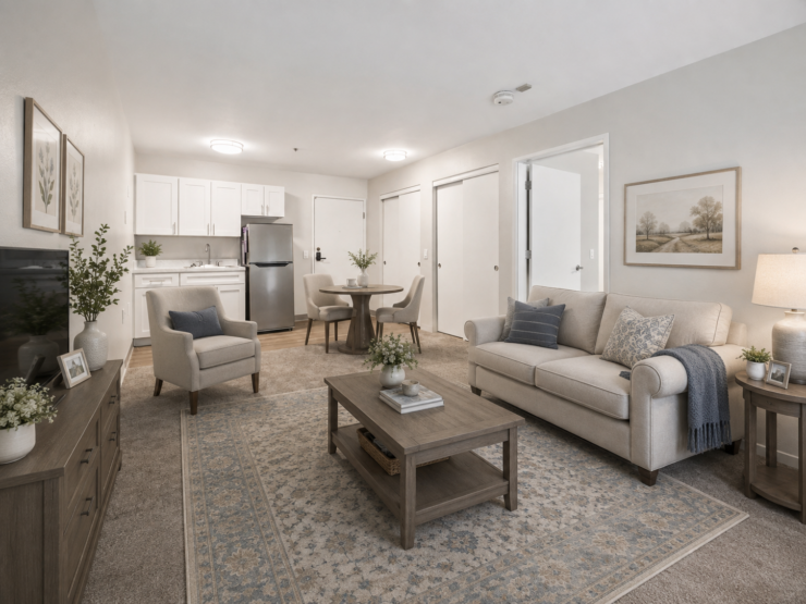 Comfortable, bright living space with modern furnishings, a dining area, and inviting decor.