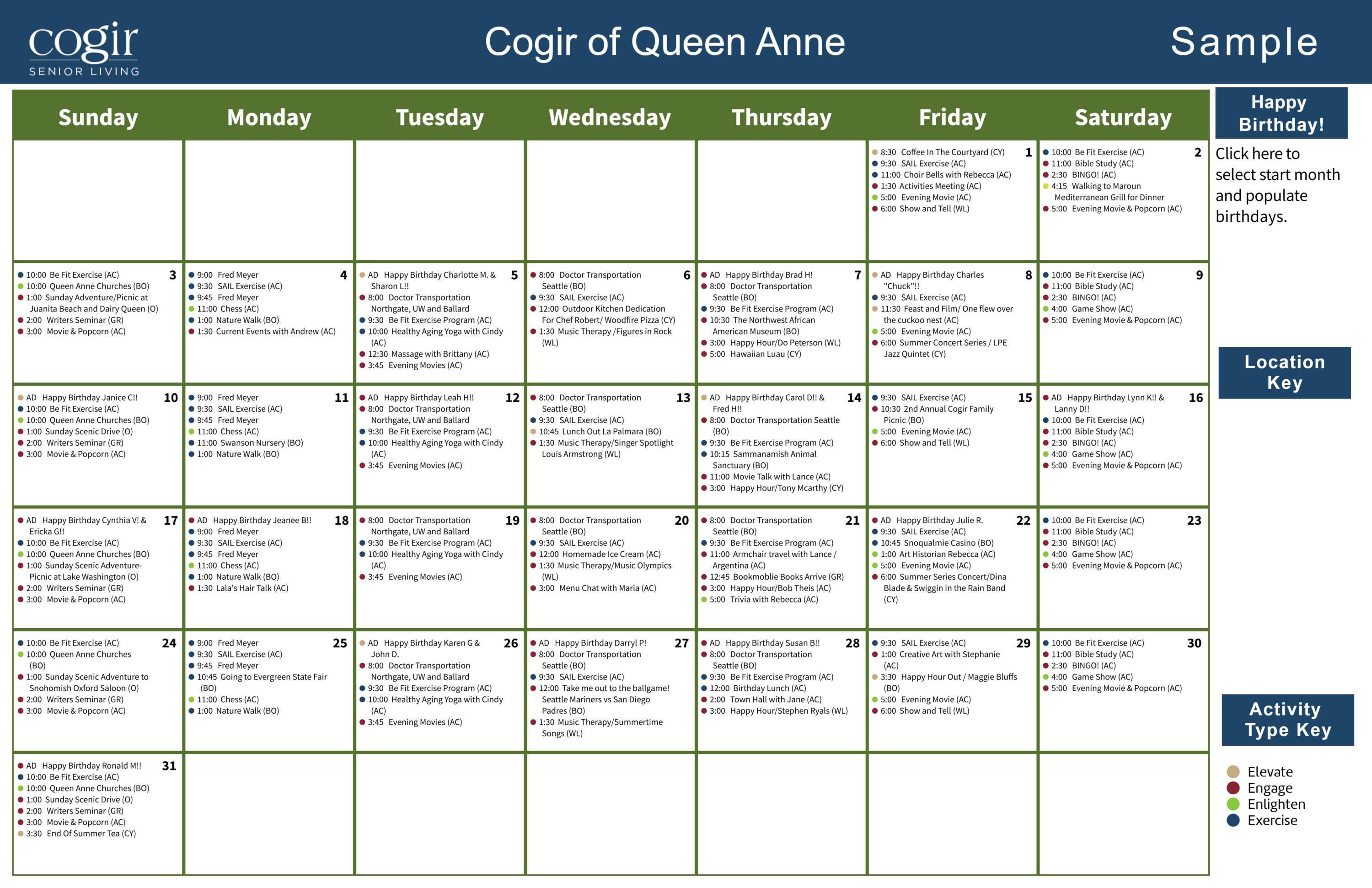 Monthly activity calendar showing diverse events promoting wellness and connection for residents.