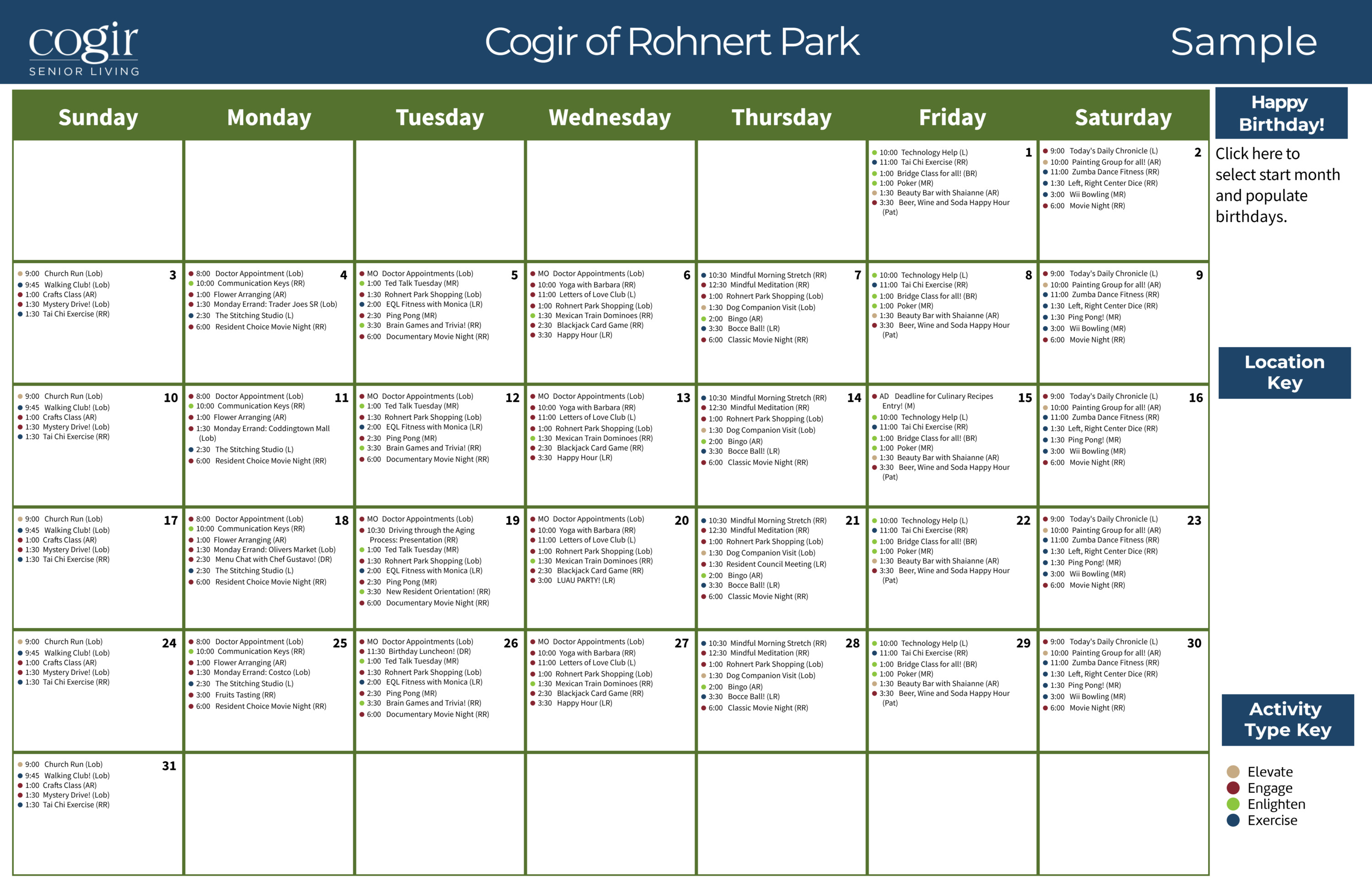 Monthly activity calendar showing diverse social, fitness, and wellness events for senior community members.