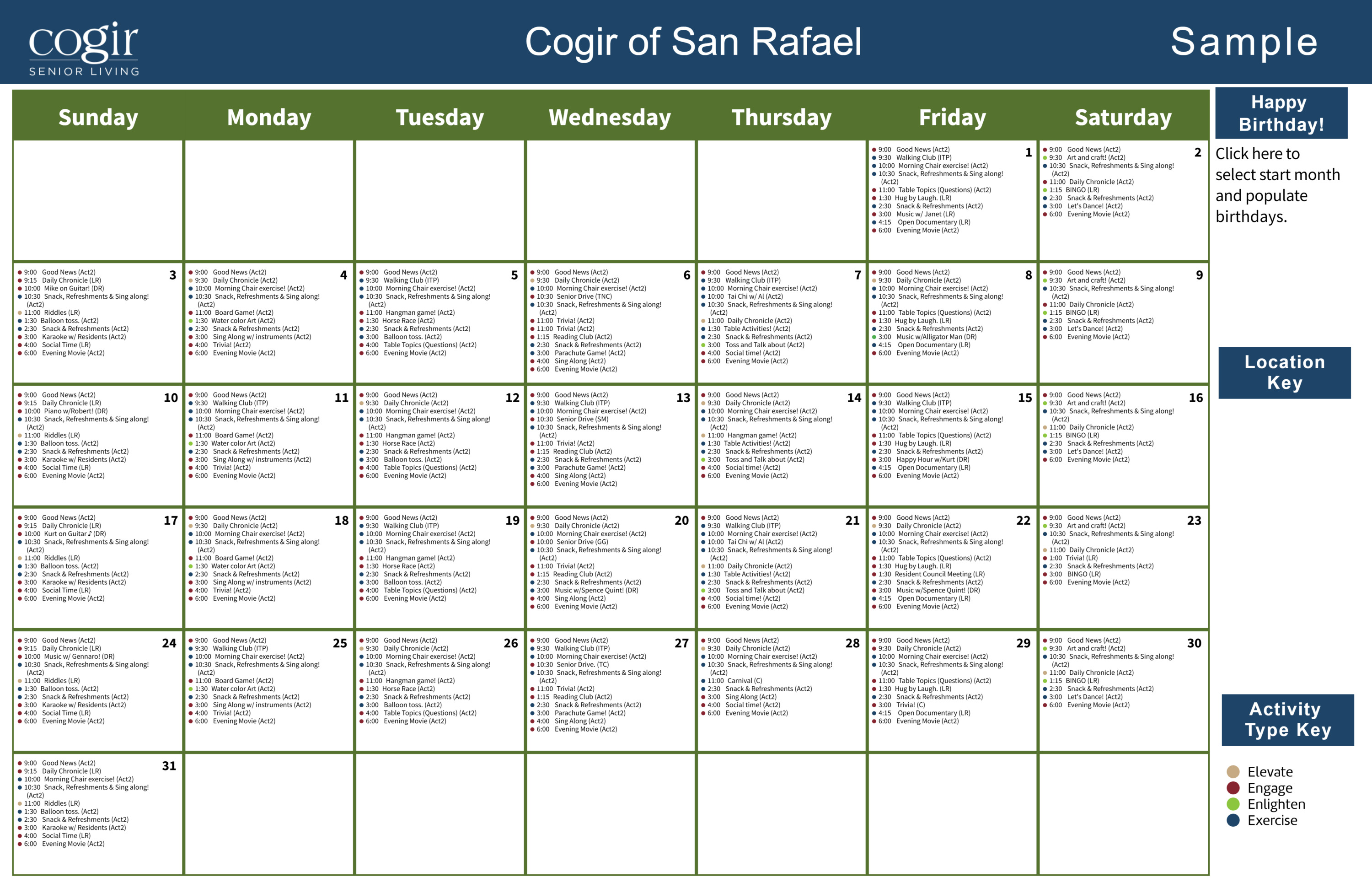Monthly activity calendar highlighting engaging events and social opportunities at the community.