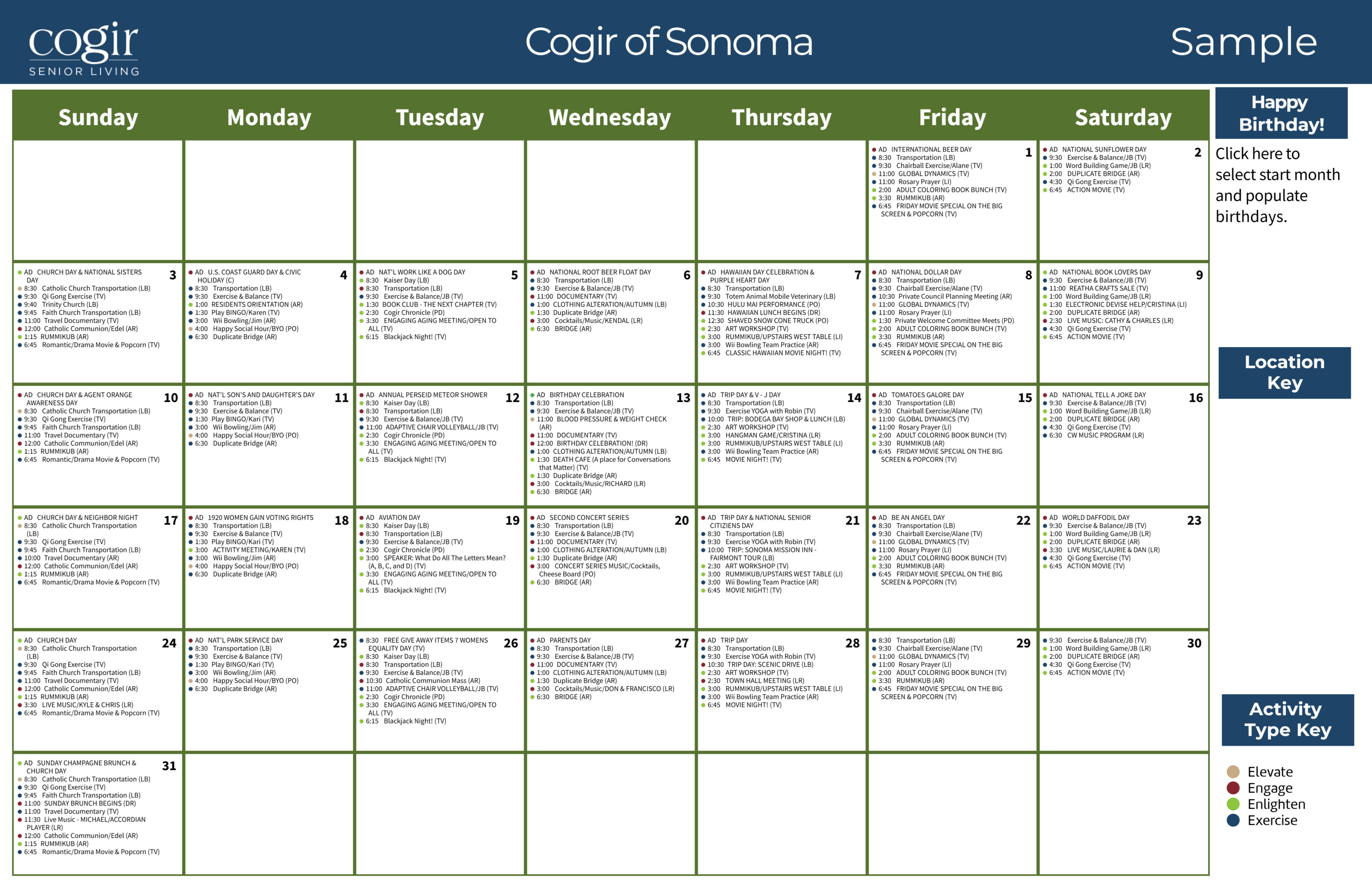Monthly activity calendar showcasing diverse social, wellness, and educational events for senior community members.