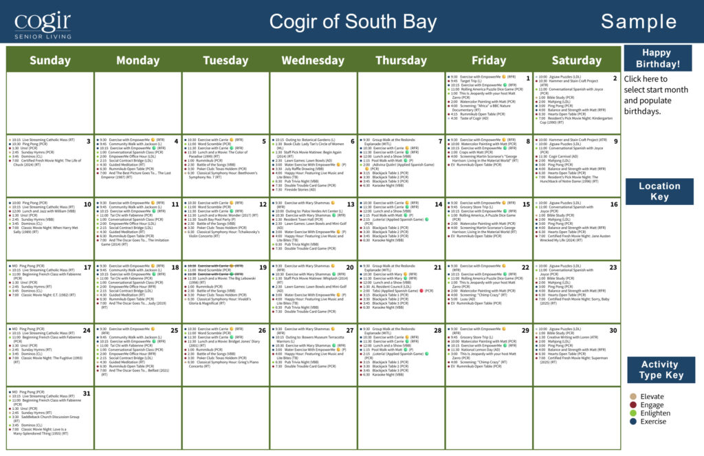 Monthly activity calendar highlighting diverse social, fitness, and educational events for vibrant senior living.
