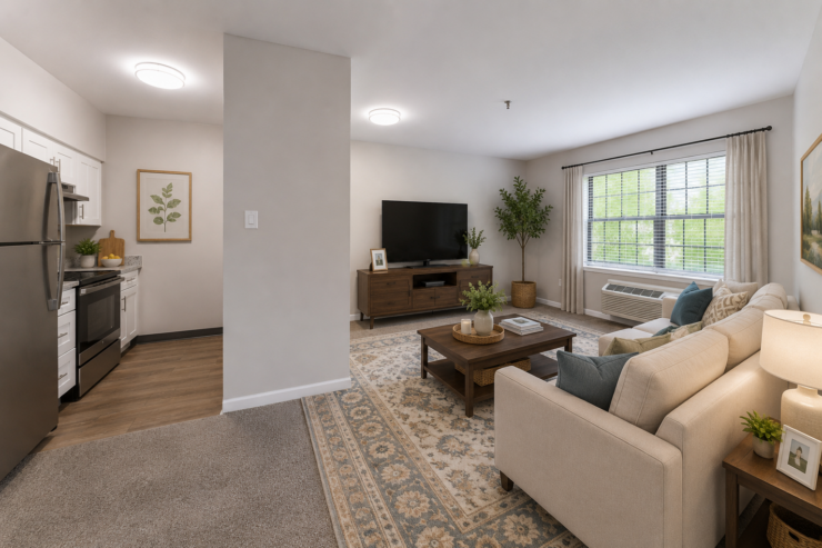 Bright and inviting living space with modern kitchen, comfortable seating, and natural light.