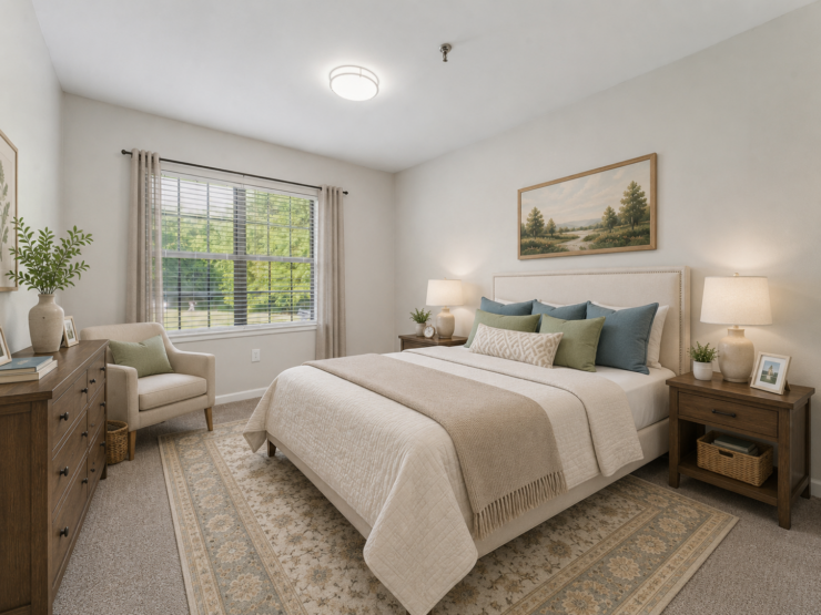 Bright and serene two-bedroom unit with elegant furnishings and a peaceful view of greenery.
