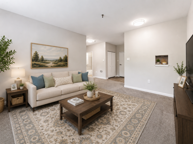 Well-lit living area with comfortable seating, decorative plants, and warm neutral tones.