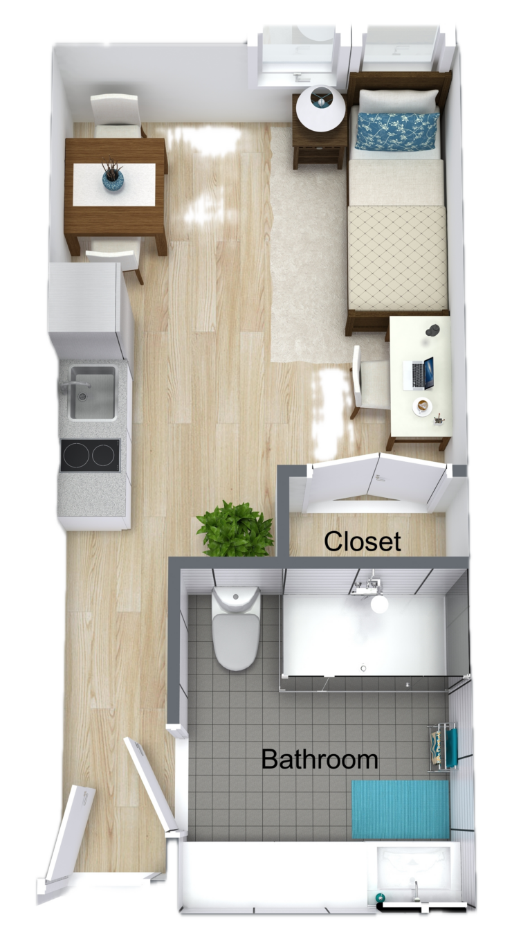 Bright and inviting studio apartment with kitchenette, dining, workspace, and private bath.