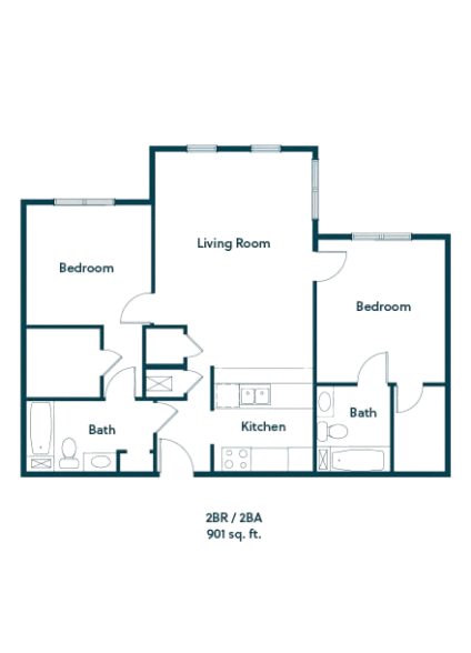 Spacious 2-bedroom, 2-bath apartment floor plan designed for comfort and independence.