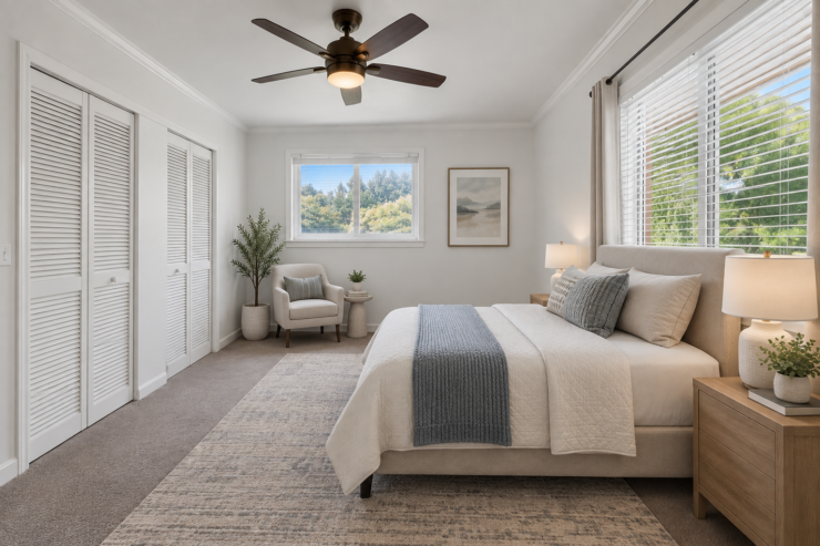 Sunlit bedroom featuring plush bedding, armchair, and greenery for a peaceful retreat.