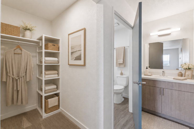 Bright and organized bathroom with soft linens and thoughtful details for a peaceful living space.