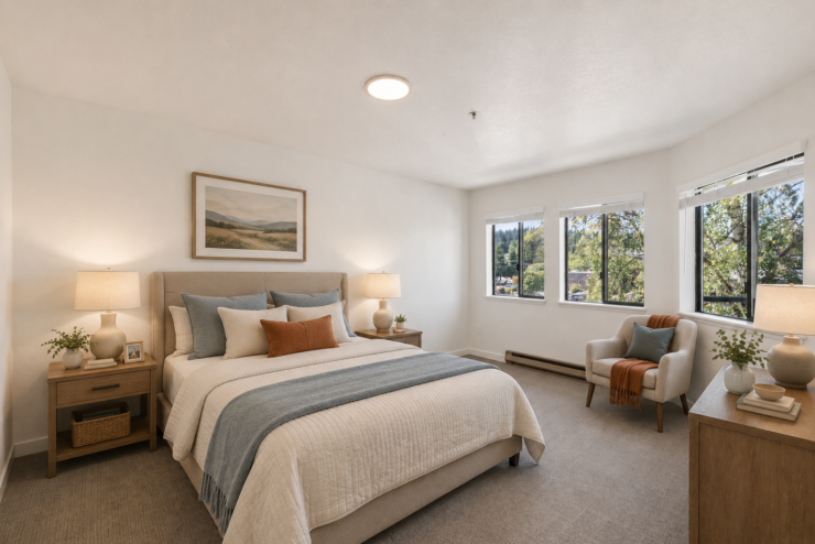 Sunlit bedroom with a plush bed, soft seating, and warm, inviting decor perfect for restful living.
