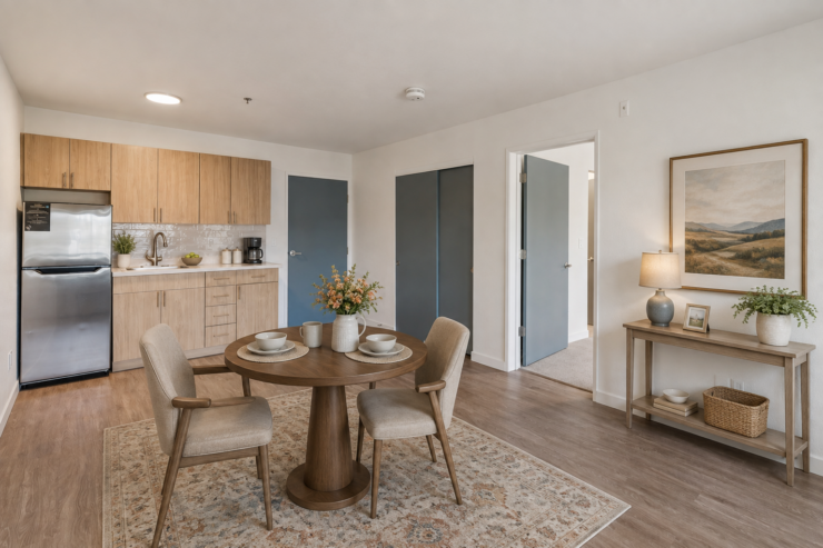 Inviting dining area with natural wood tones, soft lighting, and thoughtful decorative touches.