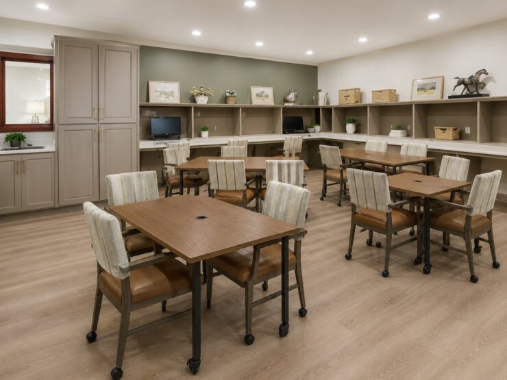Activity room with comfortable seating, computers, and a warm, inviting atmosphere for socializing and learning.