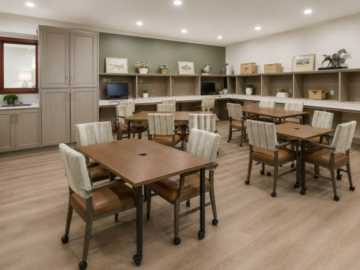 Bright, inviting activity room with comfortable seating, computers, and warm decor for gatherings.