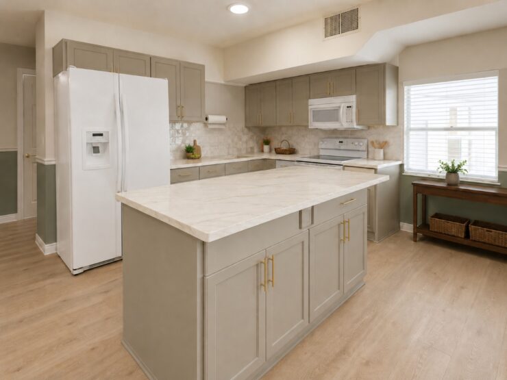 Bright and inviting kitchen with ample counter space, perfect for social gatherings and shared meals.